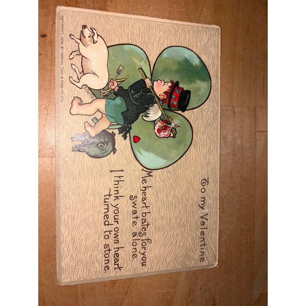 Antique 1910 Raphael Tuck Valentine Postcard - Irish Shamrock Cupid & Pigs